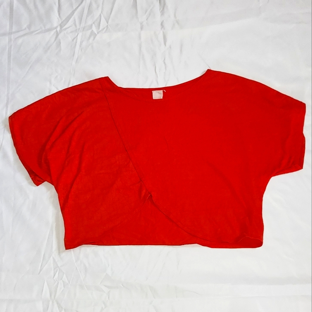 Red Cropped Tee; Diagonal Open In Bottom